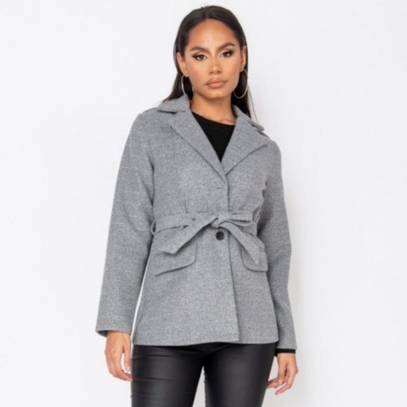 Gray Wool Blend Long Sleeve Belted Jacket - Picture 6 of 10